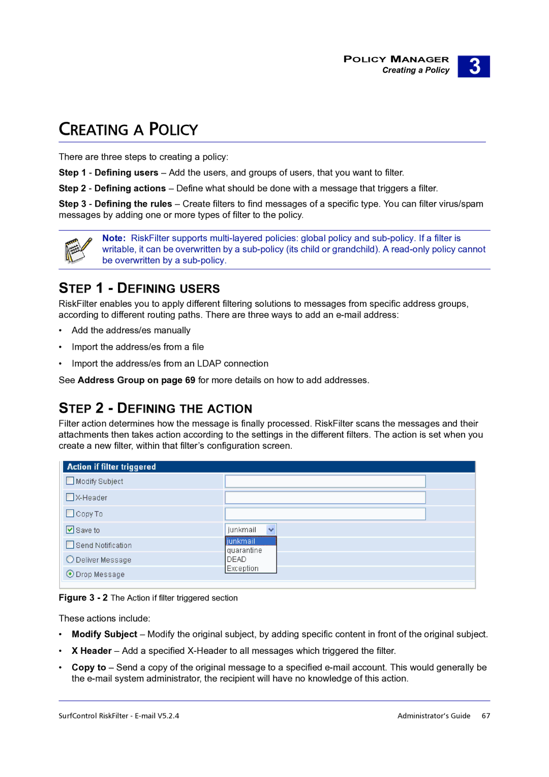 Surf Control 5.2.4 manual Creating a Policy, Defining Users, Defining the Action 