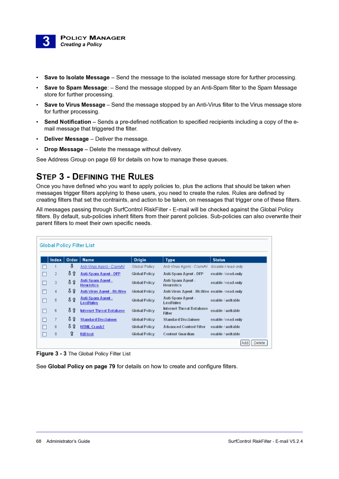 Surf Control 5.2.4 manual Defining the Rules, Global Policy Filter List 