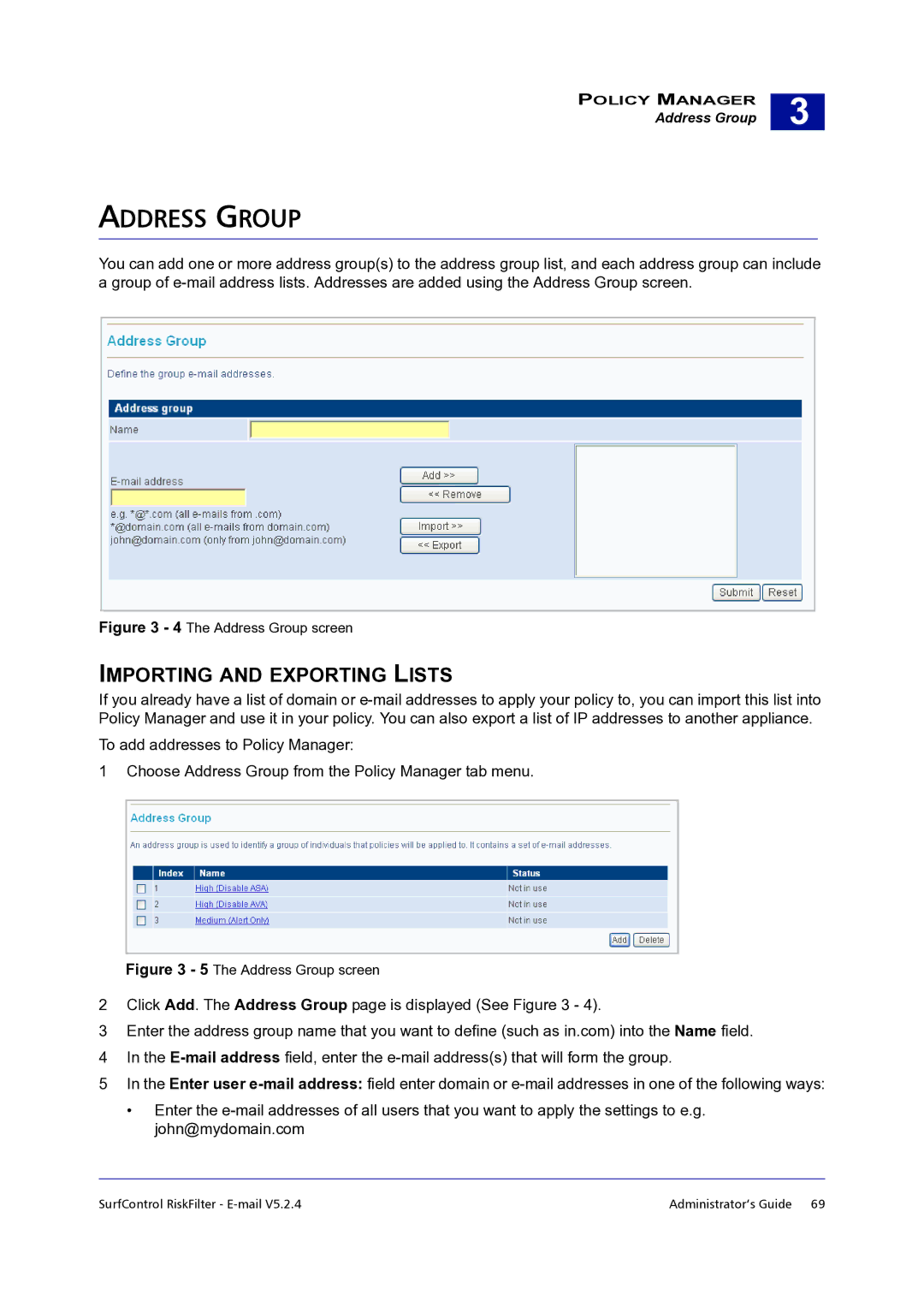 Surf Control 5.2.4 manual Address Group, Importing and Exporting Lists 