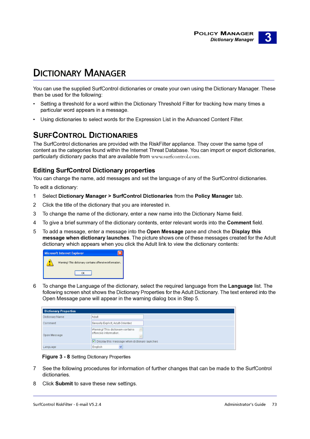 Surf Control 5.2.4 manual Dictionary Manager, Surfcontrol Dictionaries, Editing SurfControl Dictionary properties 