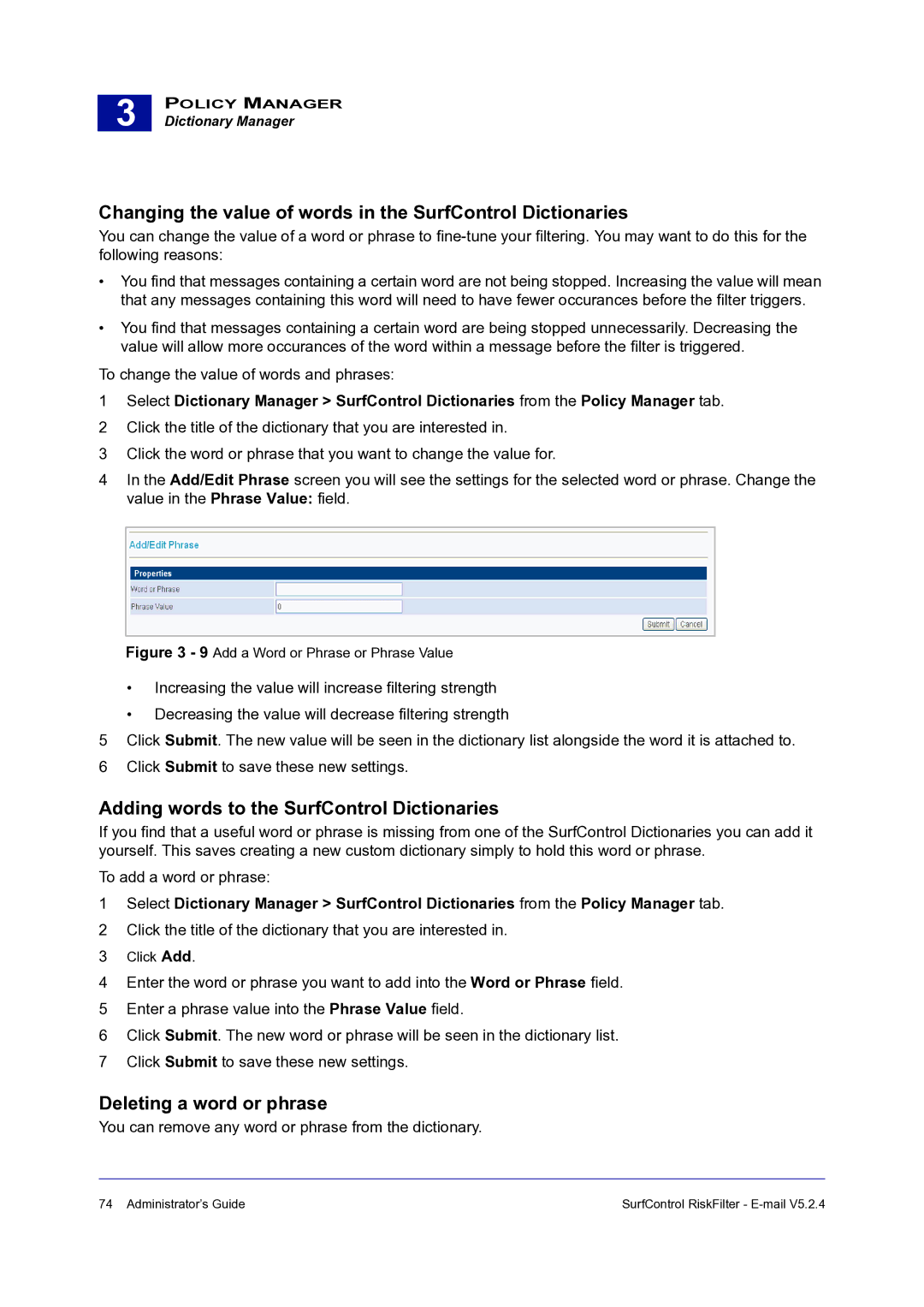 Surf Control 5.2.4 manual Changing the value of words in the SurfControl Dictionaries, Deleting a word or phrase 