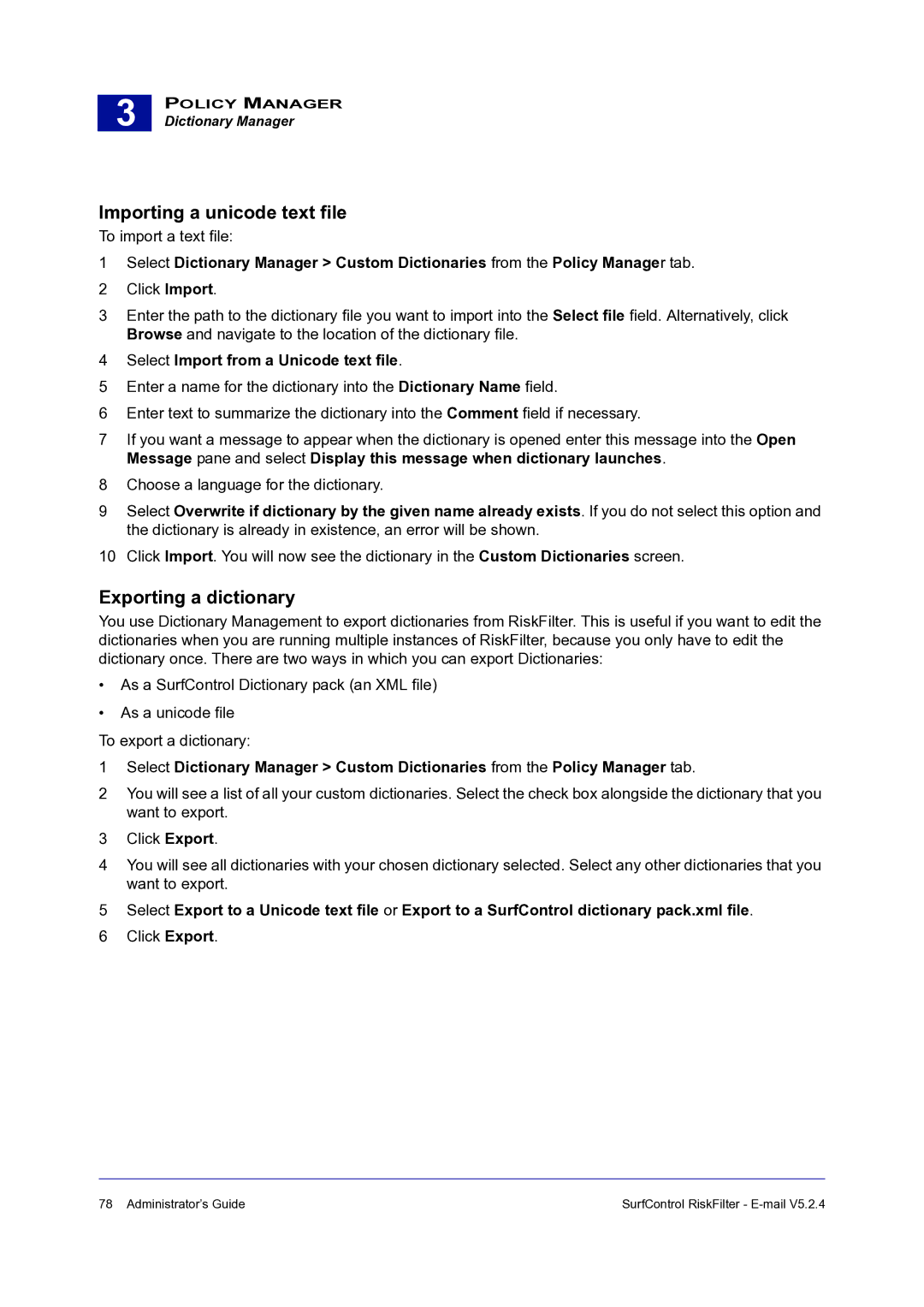 Surf Control 5.2.4 manual Importing a unicode text file, Exporting a dictionary, Select Import from a Unicode text file 