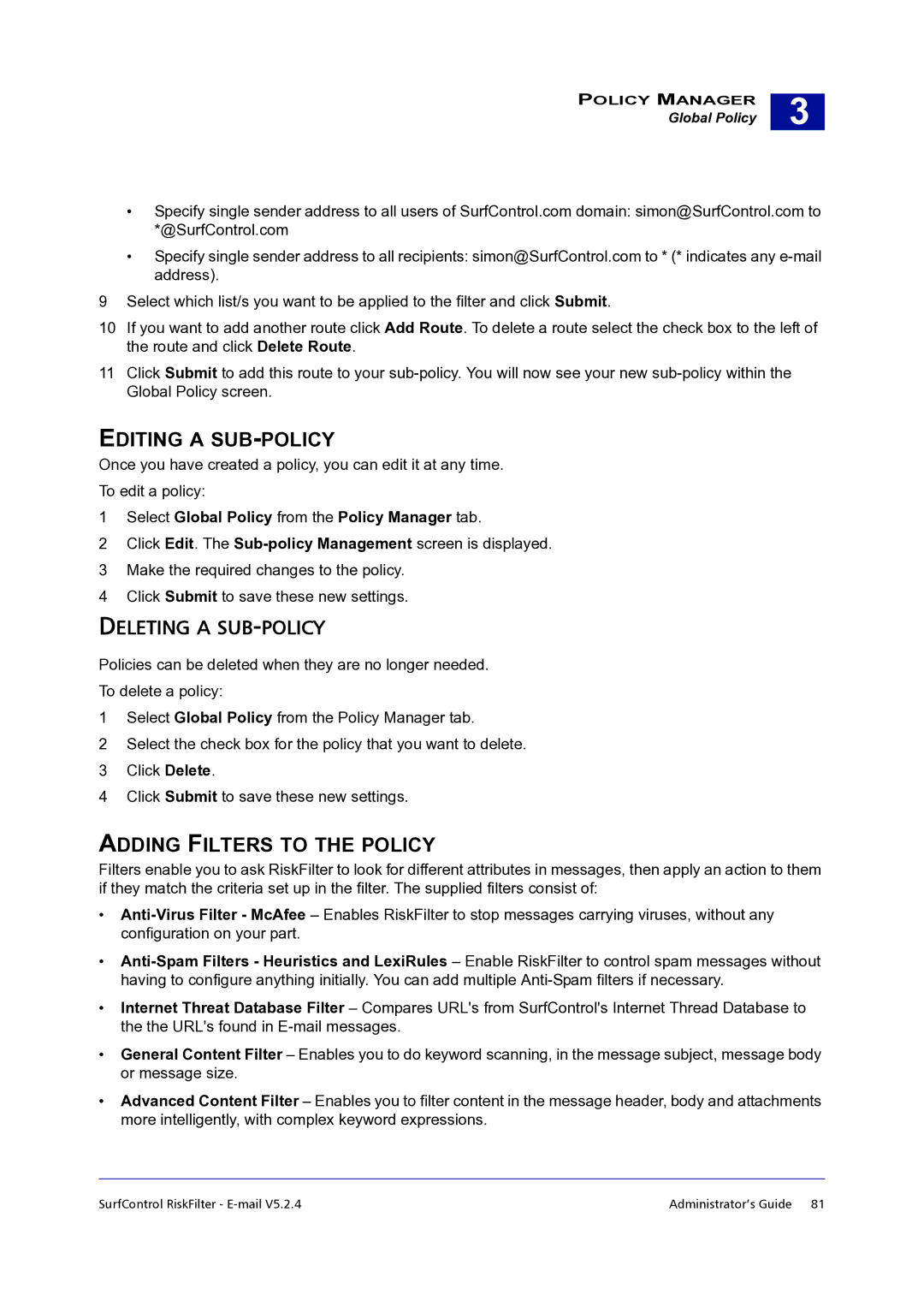 Surf Control 5.2.4 manual Editing a SUB-POLICY, Deleting a SUB-POLICY, Adding Filters to the Policy 