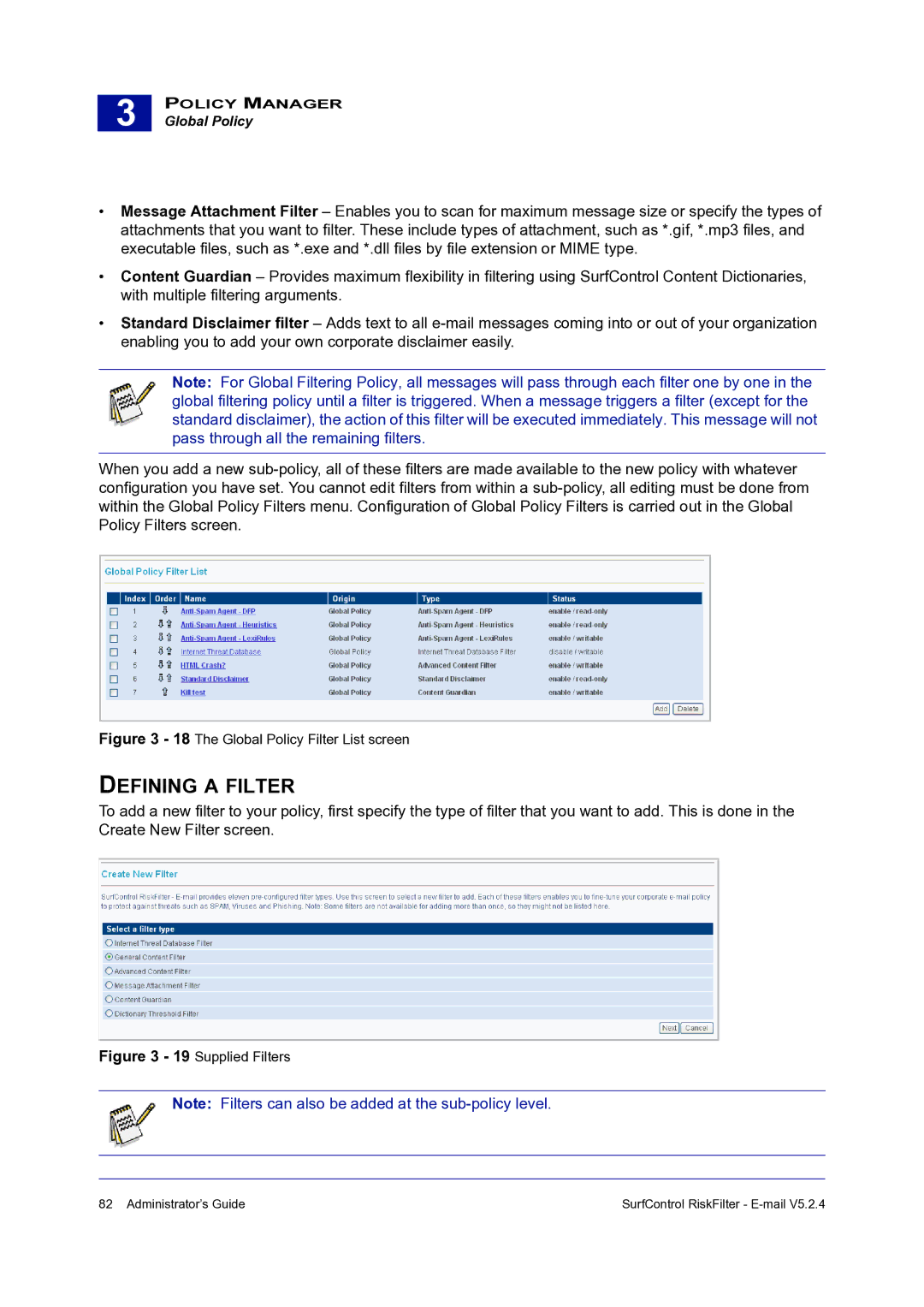 Surf Control 5.2.4 manual Defining a Filter, The Global Policy Filter List screen 