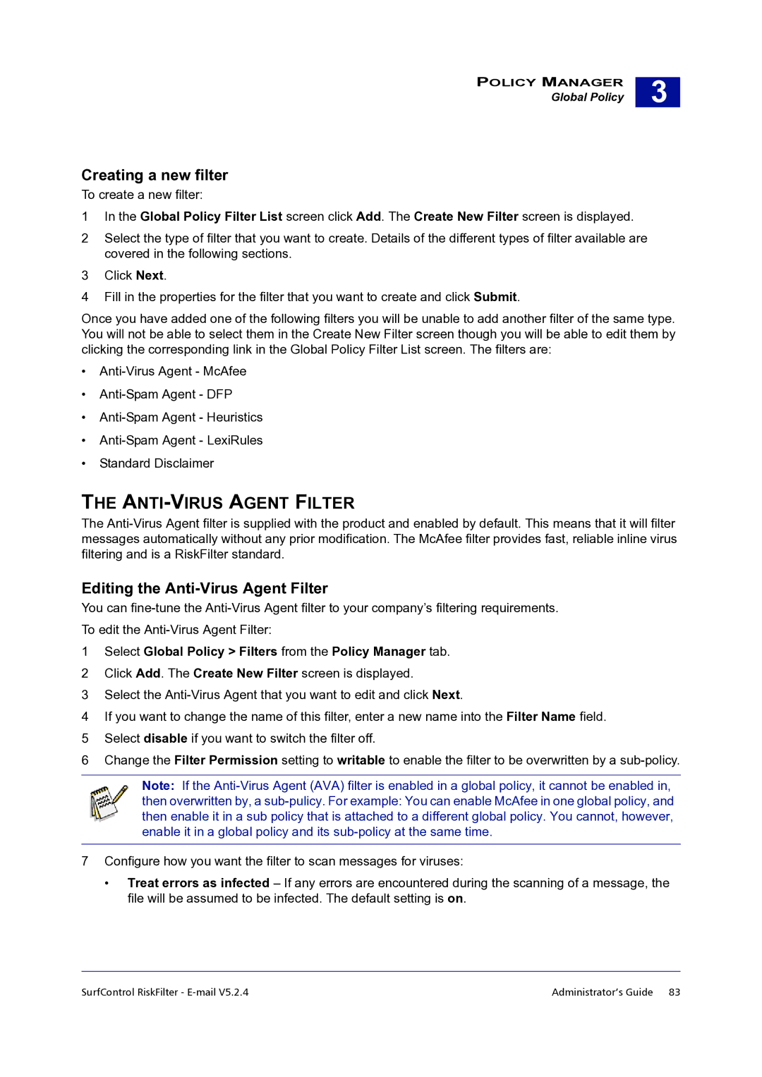 Surf Control 5.2.4 manual ANTI-VIRUS Agent Filter, Creating a new filter, Editing the Anti-Virus Agent Filter 
