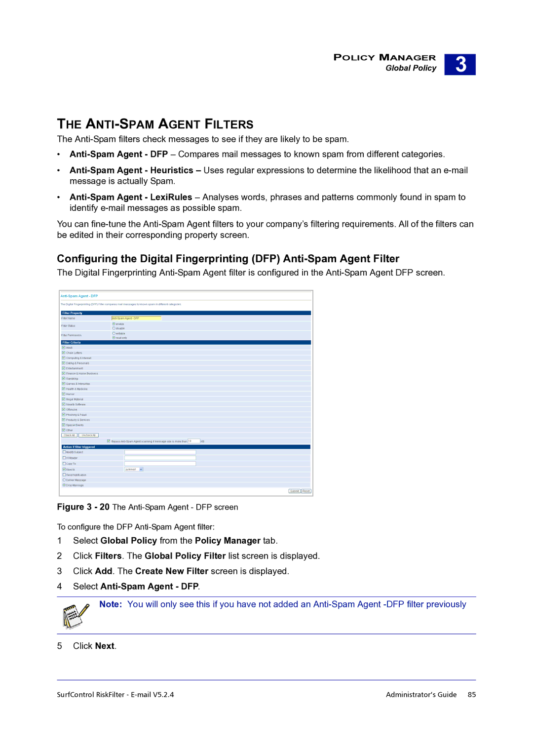 Surf Control 5.2.4 manual ANTI-SPAM Agent Filters, Select Anti-Spam Agent DFP 