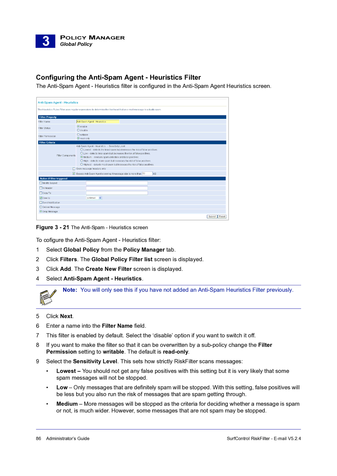 Surf Control 5.2.4 manual Configuring the Anti-Spam Agent Heuristics Filter, Select Anti-Spam Agent Heuristics 