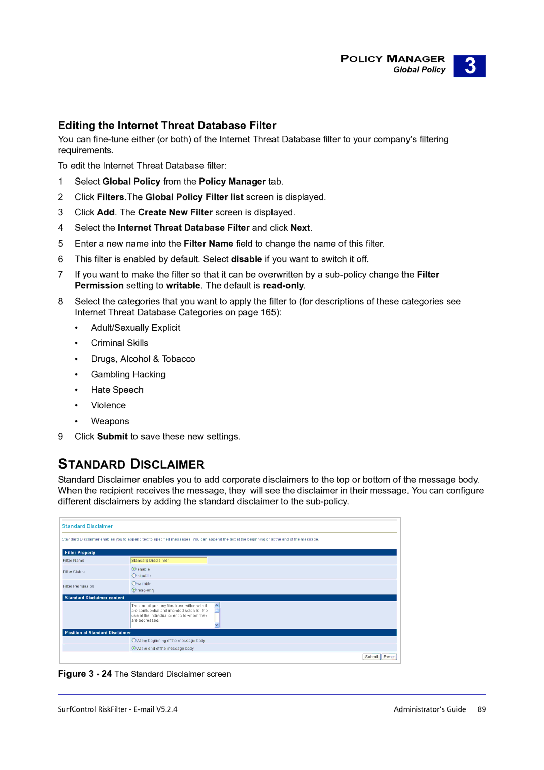 Surf Control 5.2.4 manual Standard Disclaimer, Editing the Internet Threat Database Filter 