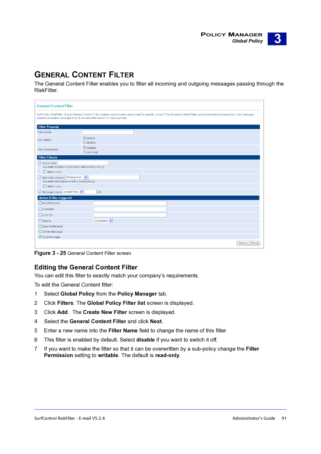 Surf Control 5.2.4 manual Editing the General Content Filter, Select the General Content Filter and click Next 