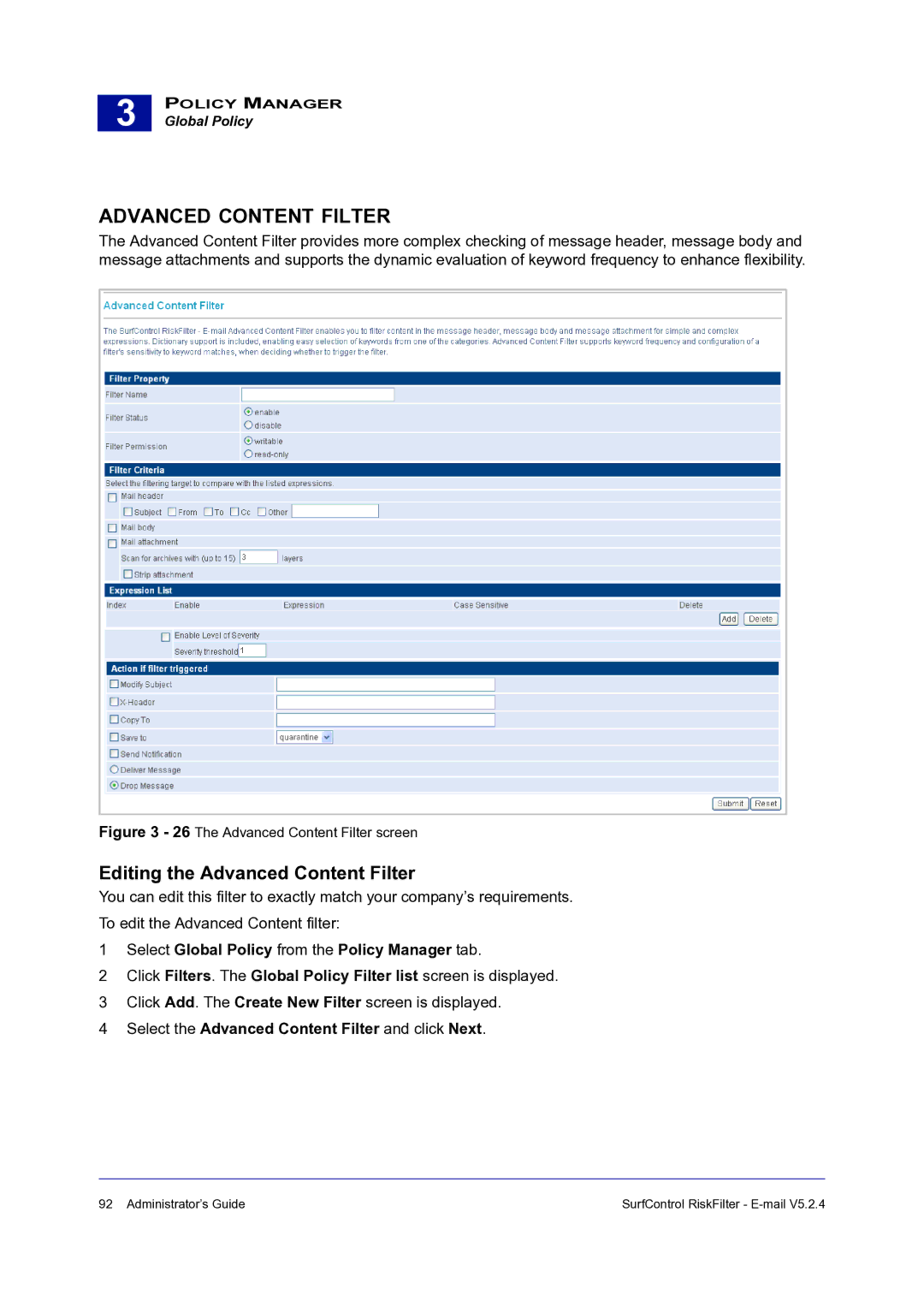 Surf Control 5.2.4 manual Editing the Advanced Content Filter, Select the Advanced Content Filter and click Next 