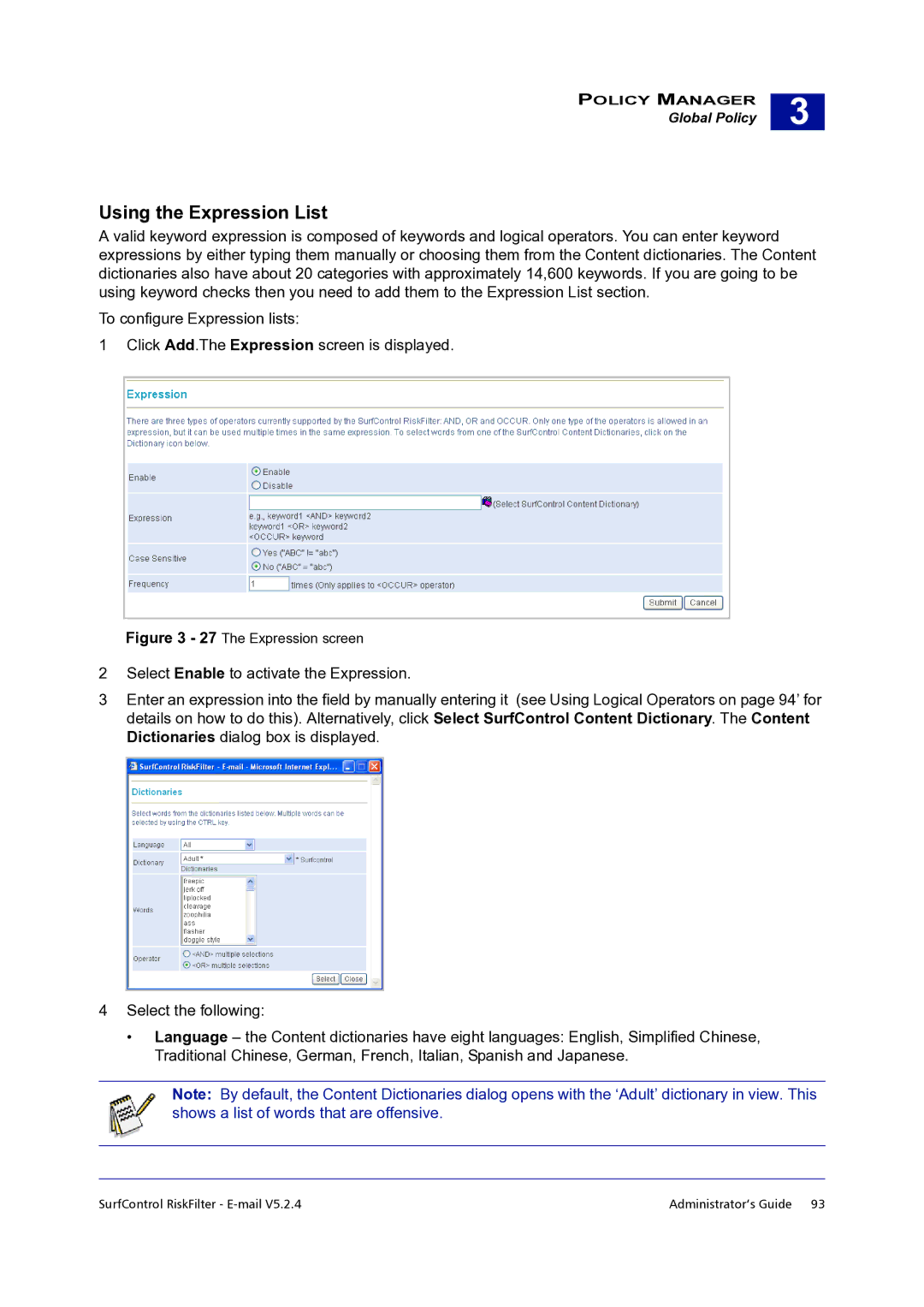 Surf Control 5.2.4 manual Using the Expression List, The Expression screen 