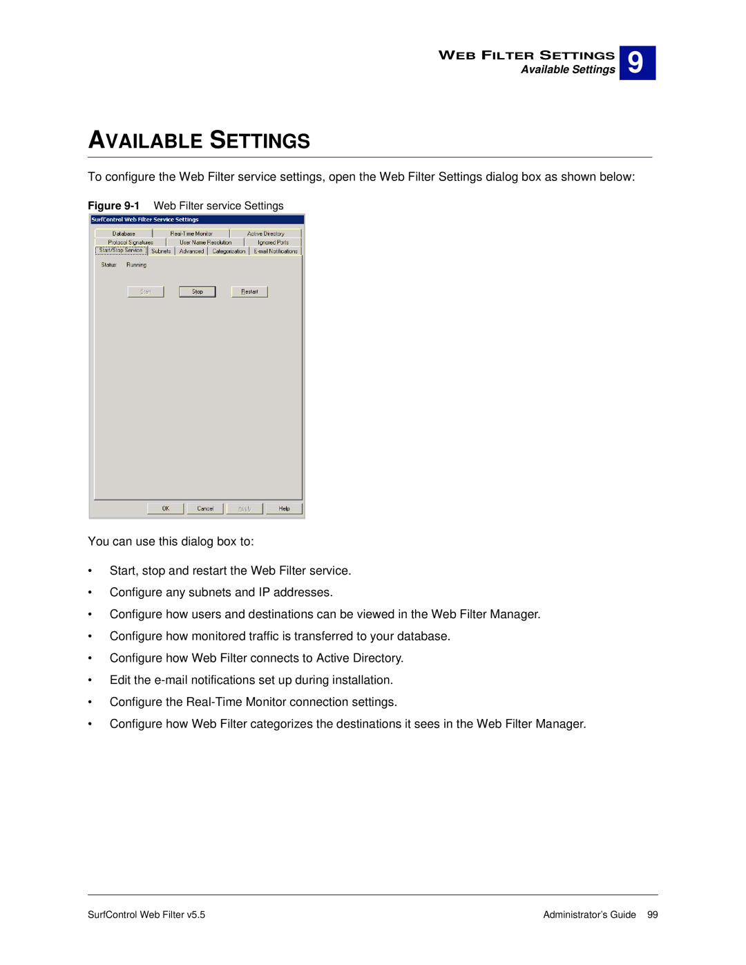 Surf Control 5.5 manual Available Settings, 1Web Filter service Settings 