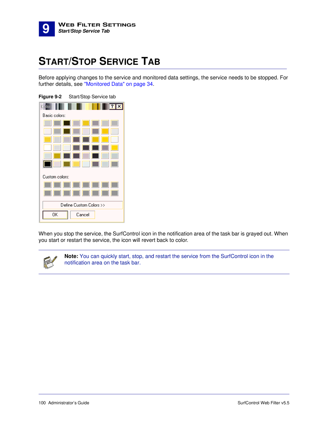 Surf Control 5.5 manual START/STOP Service TAB, 2Start/Stop Service tab 