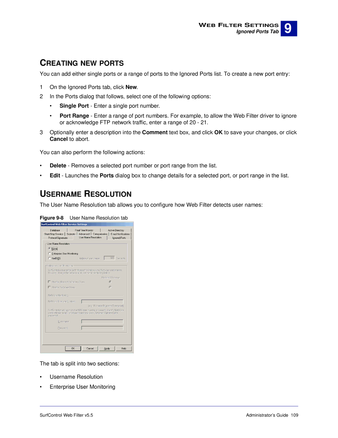 Surf Control 5.5 manual Creating NEW Ports, Username Resolution 