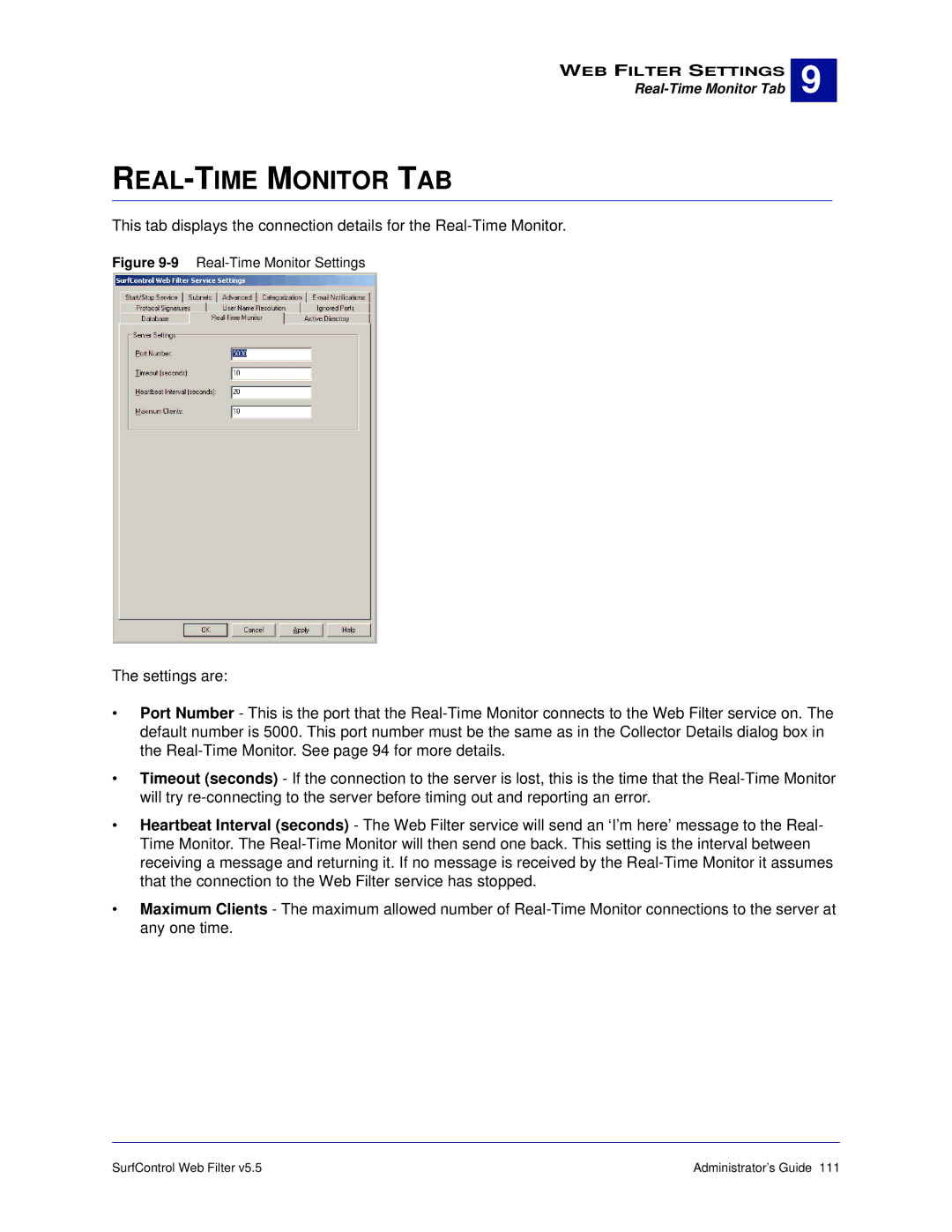 Surf Control 5.5 manual REAL-TIME Monitor TAB, 9Real-Time Monitor Settings 