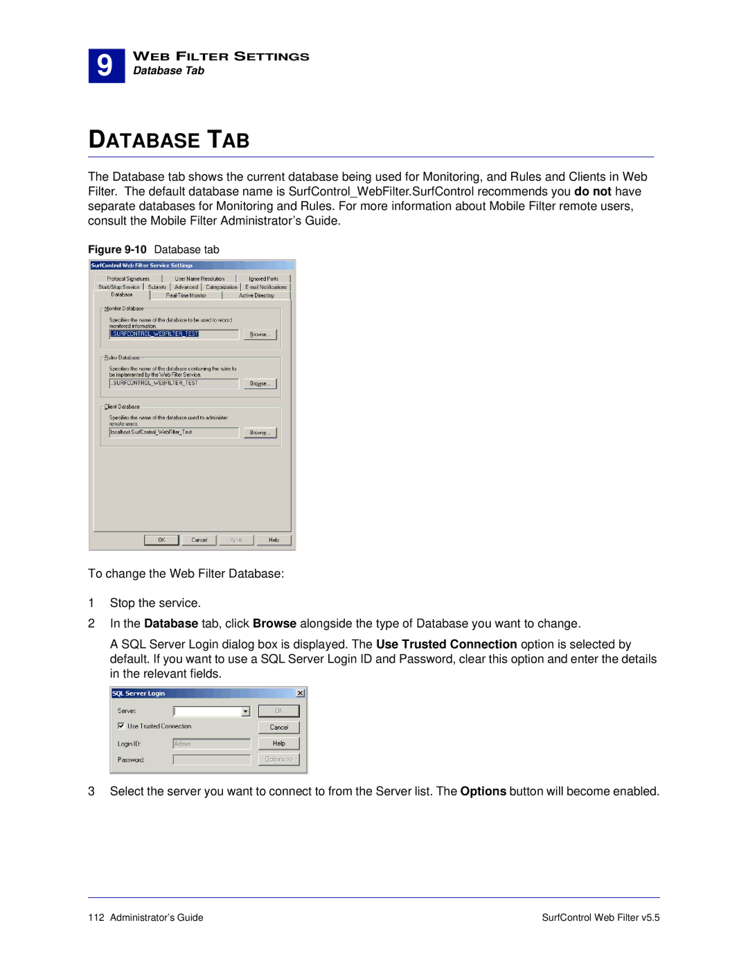 Surf Control 5.5 manual Database TAB, Database tab 