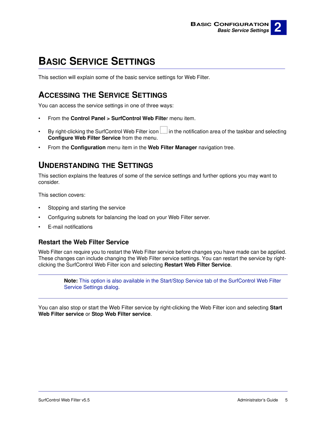 Surf Control 5.5 manual Basic Service Settings, Accessing the Service Settings, Understanding the Settings 