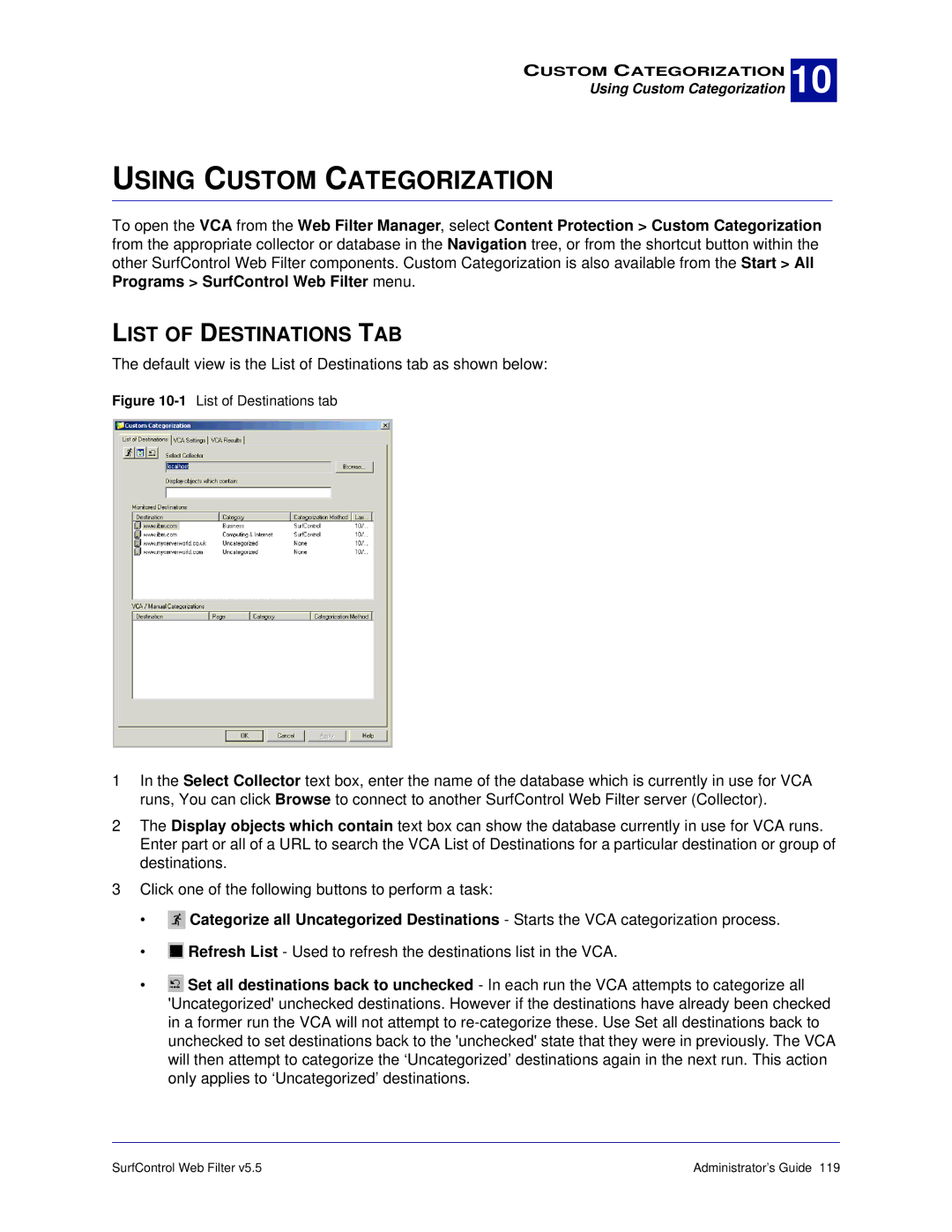 Surf Control 5.5 manual Using Custom Categorization, List of Destinations TAB 