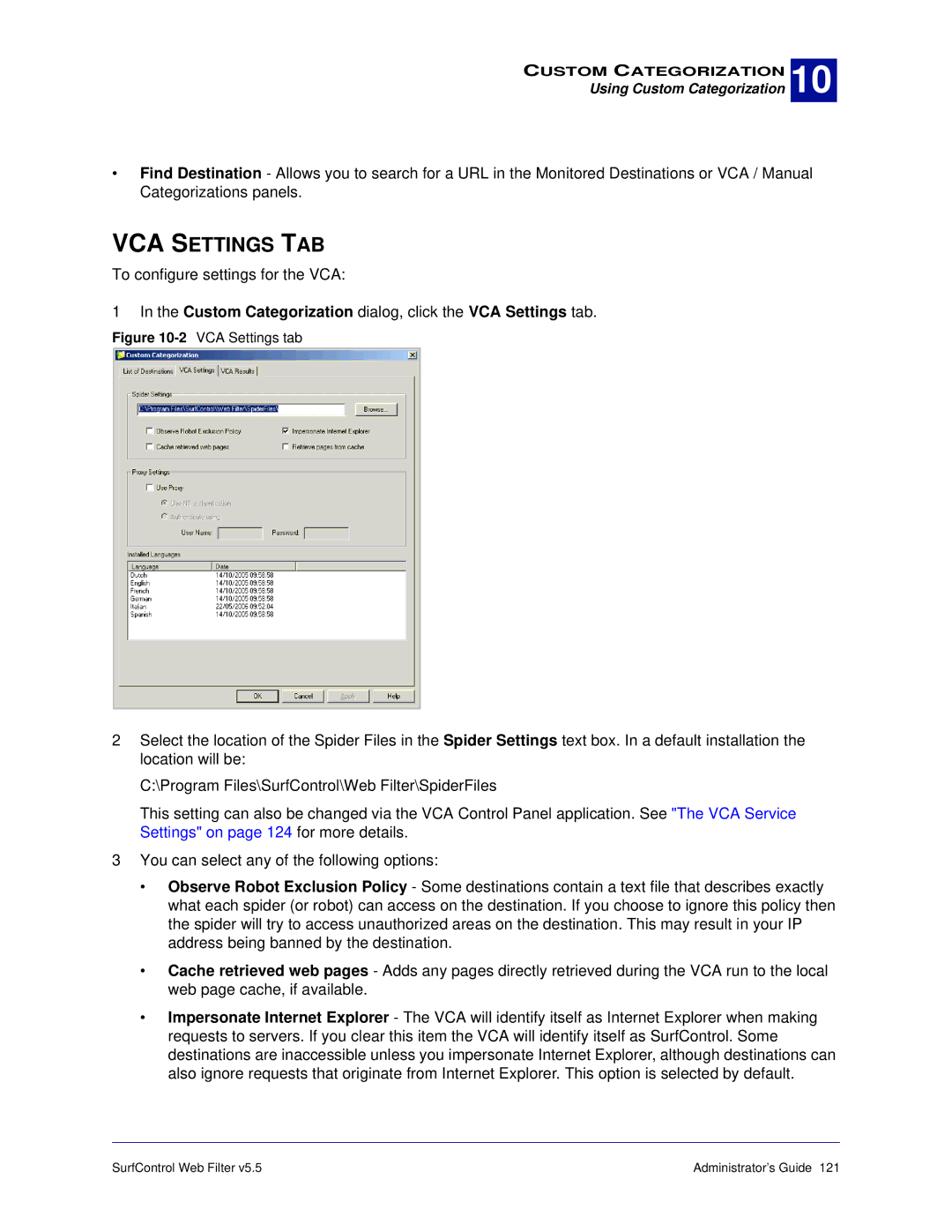 Surf Control 5.5 manual VCA Settings TAB, Custom Categorization dialog, click the VCA Settings tab 