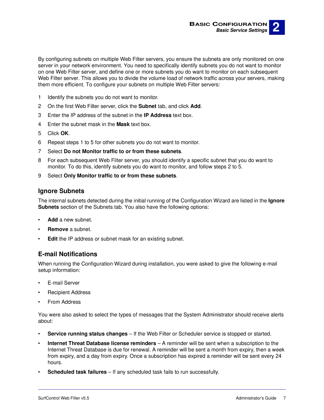 Surf Control 5.5 manual Ignore Subnets, Mail Notifications, Select Only Monitor traffic to or from these subnets 