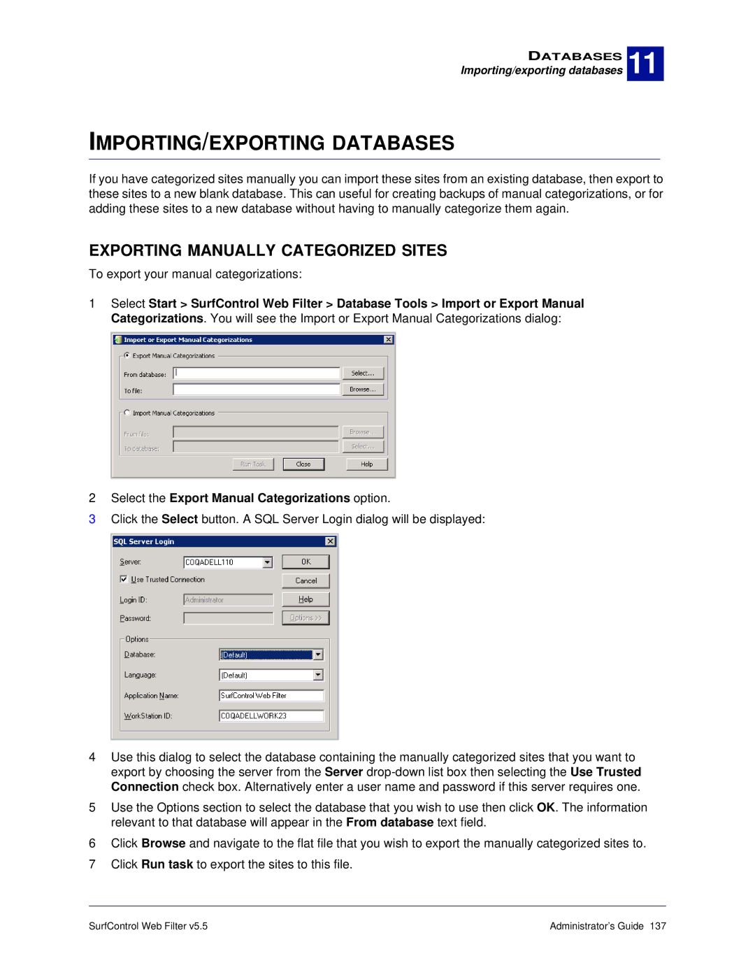 Surf Control 5.5 manual IMPORTING/EXPORTING Databases, Exporting Manually Categorized Sites 