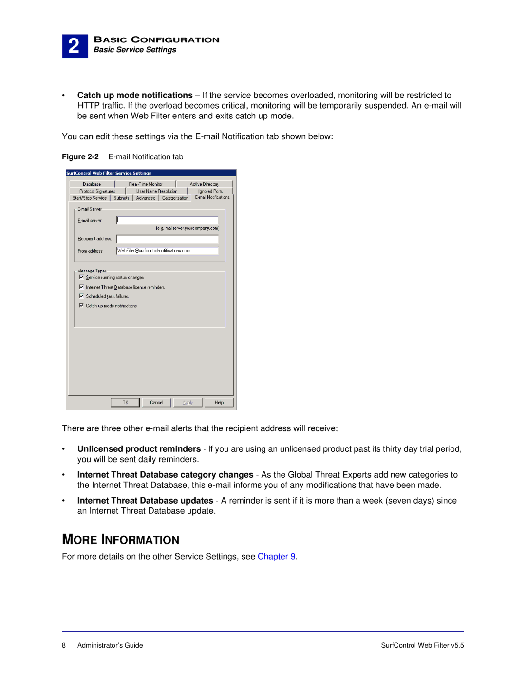 Surf Control 5.5 manual More Information, For more details on the other Service Settings, see Chapter 