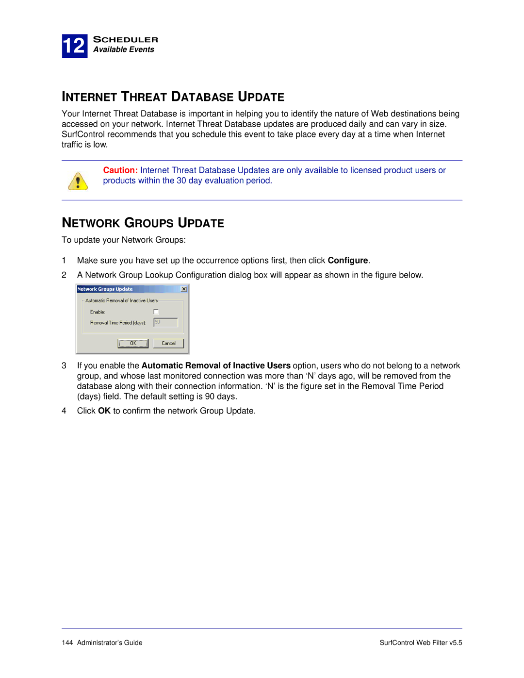 Surf Control 5.5 manual Internet Threat Database Update, Network Groups Update 