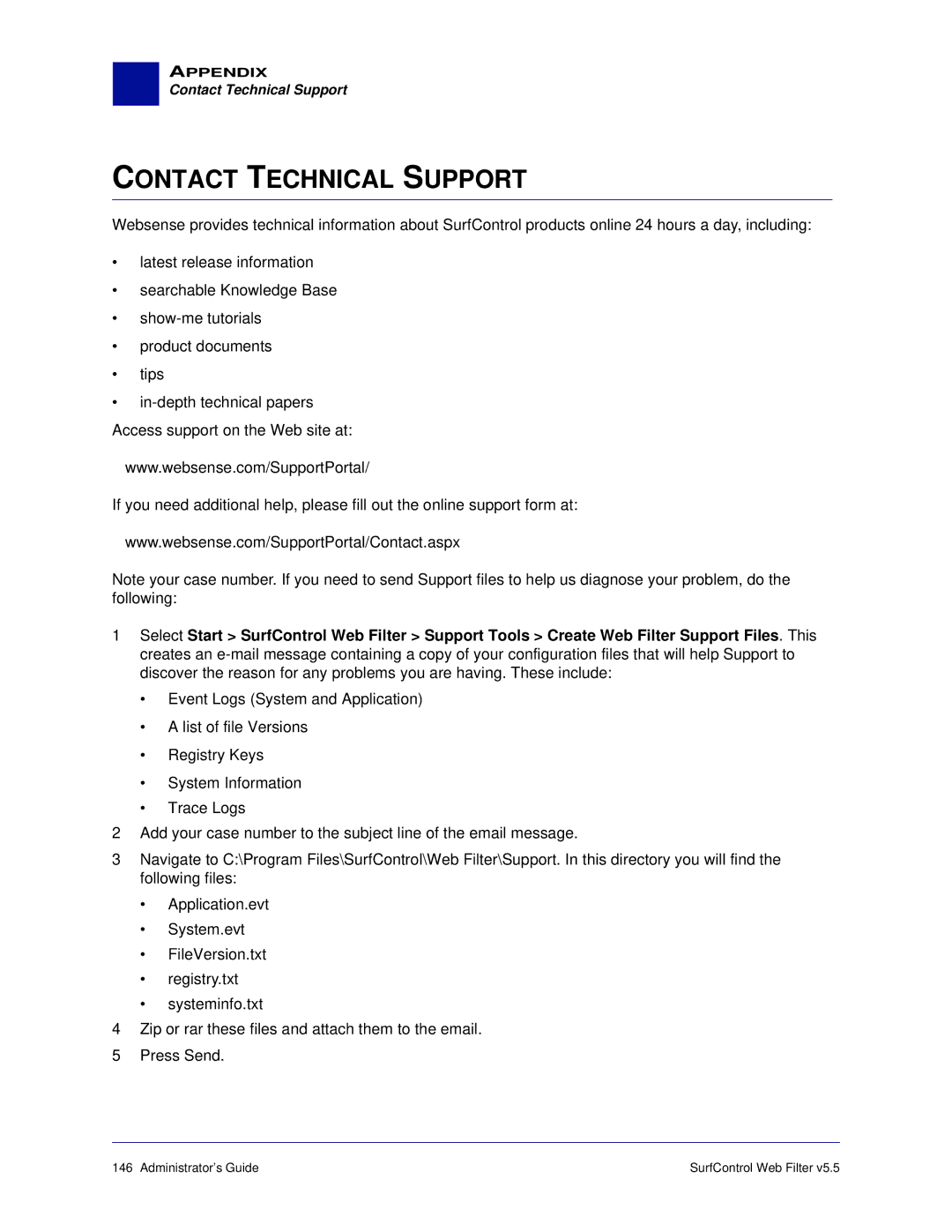 Surf Control 5.5 manual Contact Technical Support 