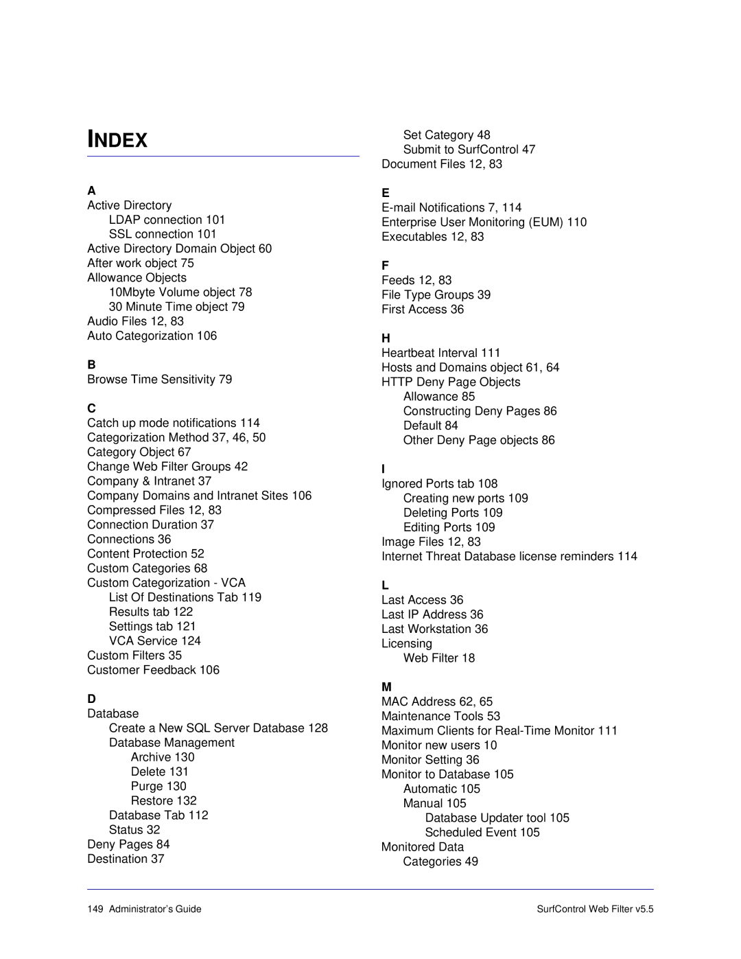 Surf Control 5.5 manual Index 