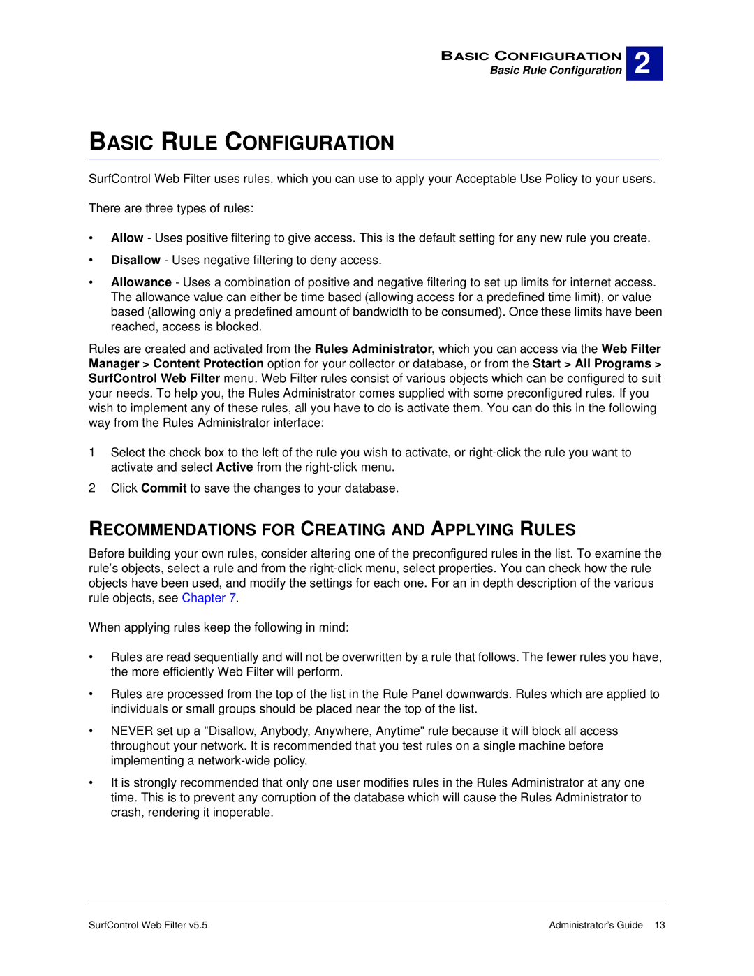 Surf Control 5.5 manual Basic Rule Configuration, Recommendations for Creating and Applying Rules 