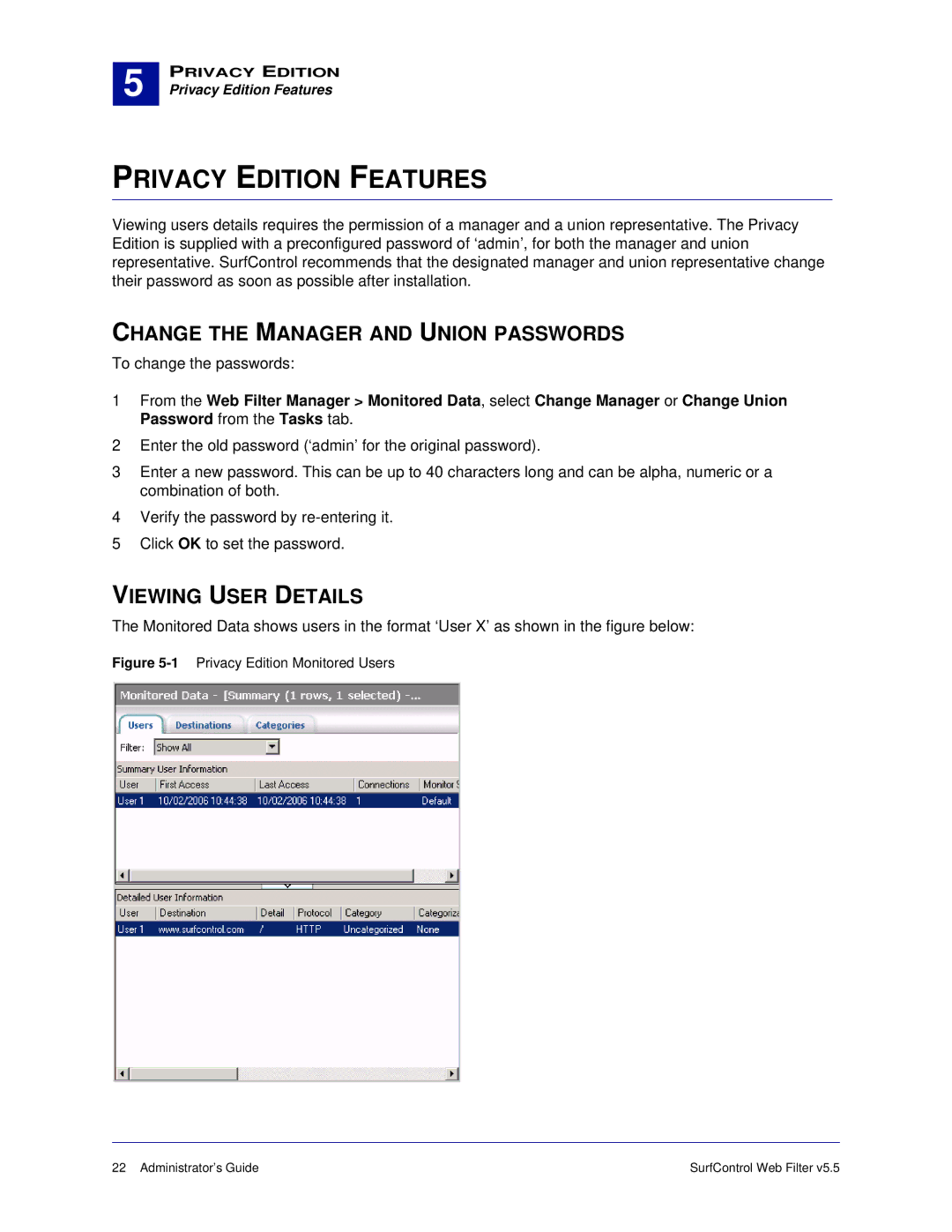 Surf Control 5.5 manual Privacy Edition Features, Change the Manager and Union Passwords, Viewing User Details 