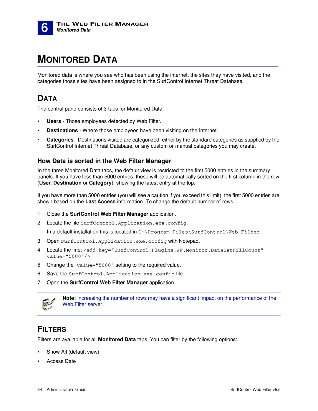 Surf Control 5.5 manual Monitored Data, Filters, How Data is sorted in the Web Filter Manager 