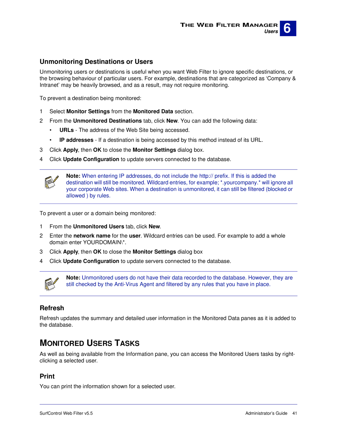 Surf Control 5.5 manual Monitored Users Tasks, Unmonitoring Destinations or Users, Refresh, Print 