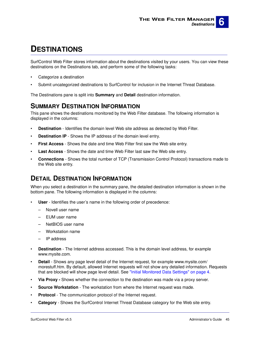 Surf Control 5.5 manual Destinations, Summary Destination Information, Detail Destination Information 