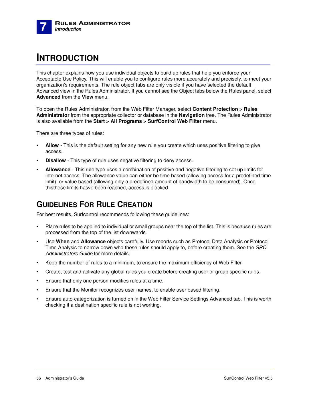 Surf Control 5.5 manual Introduction, Guidelines for Rule Creation 