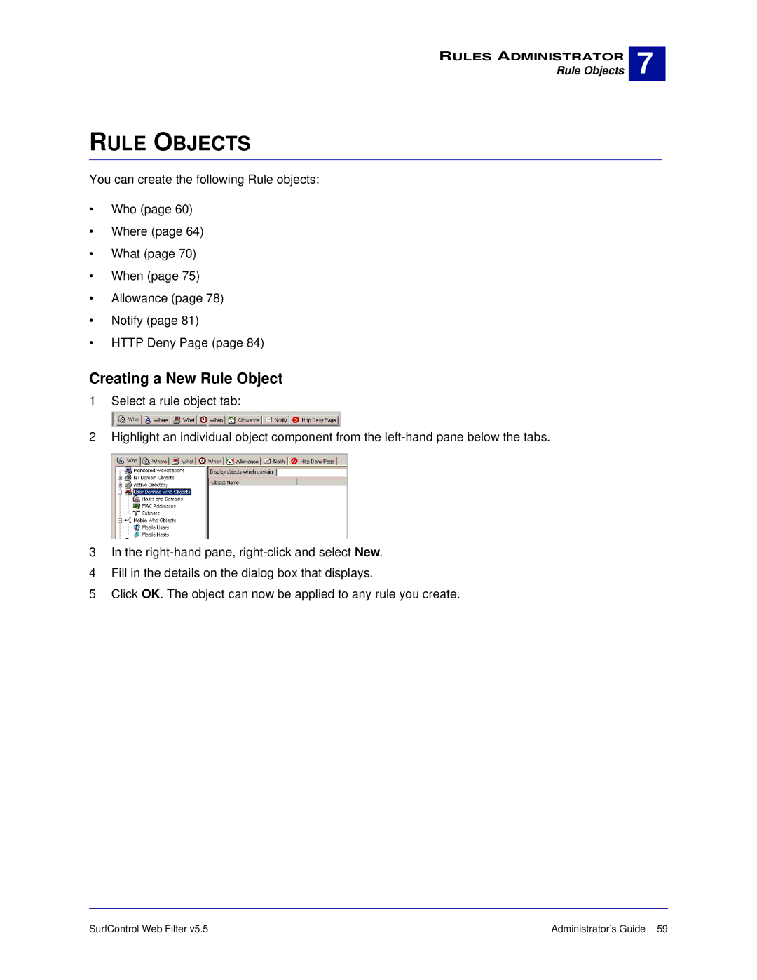 Surf Control 5.5 manual Rule Objects, Creating a New Rule Object 