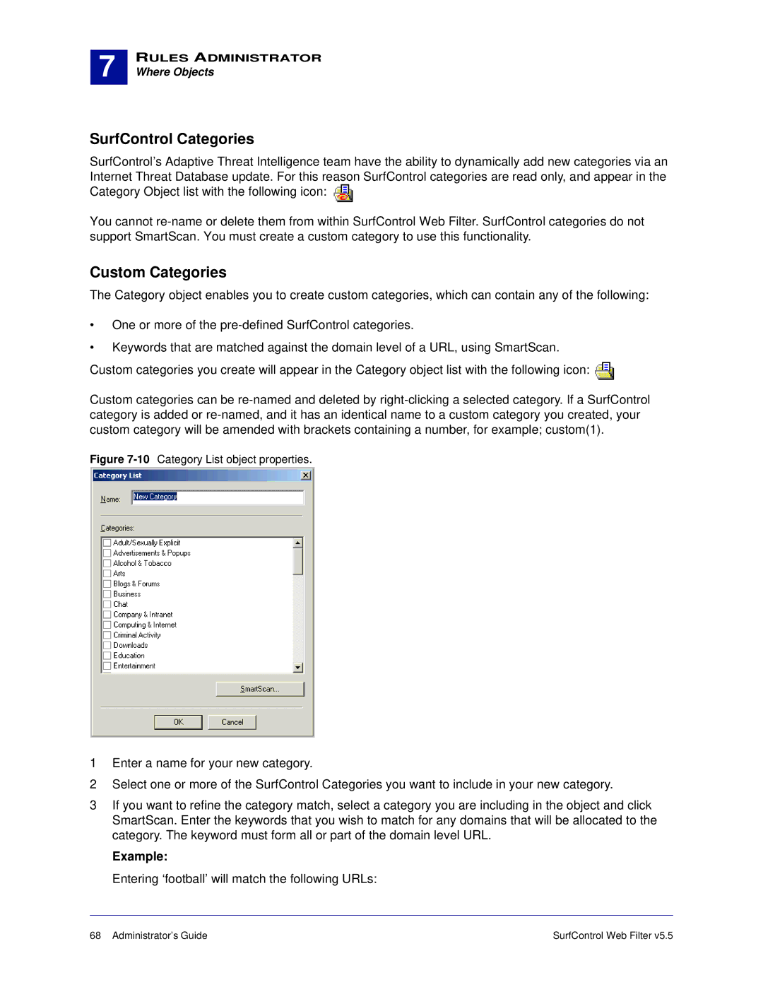 Surf Control 5.5 manual SurfControl Categories, Custom Categories, Example 