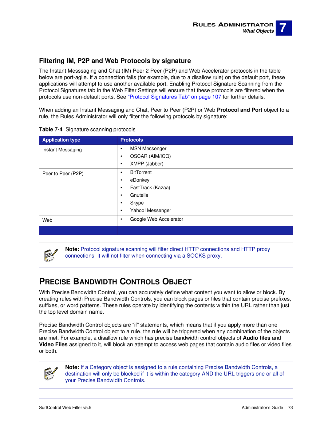 Surf Control 5.5 manual Precise Bandwidth Controls Object, Filtering IM, P2P and Web Protocols by signature 