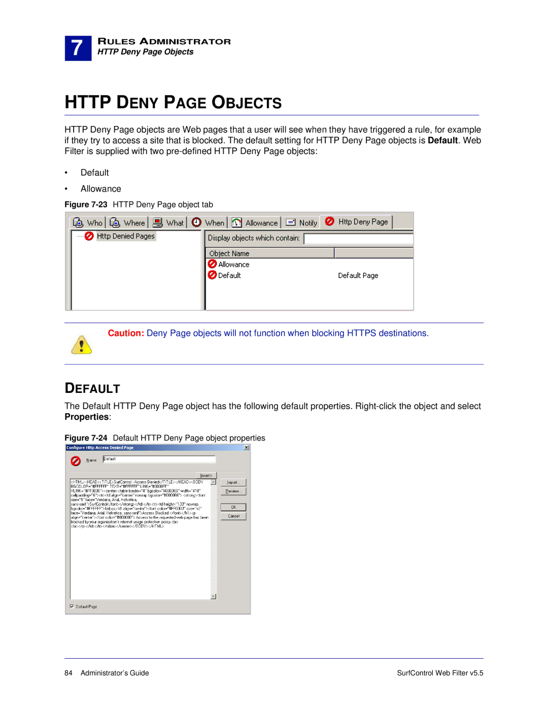 Surf Control 5.5 manual Http Deny page Objects, Default 