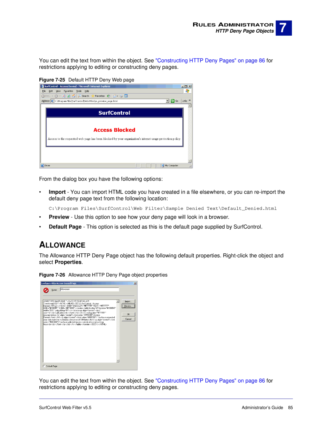 Surf Control 5.5 manual Allowance, 25Default Http Deny Web 