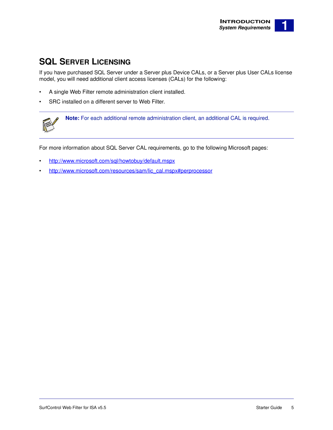 Surf Control v5.5 manual SQL Server Licensing 