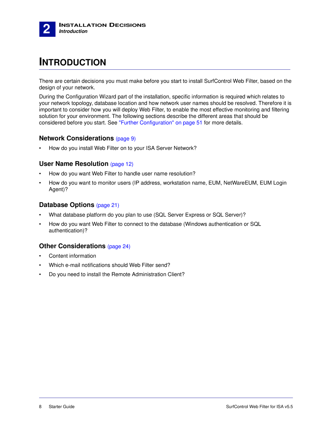 Surf Control v5.5 manual Introduction, Network Considerations, User Name Resolution, Database Options, Other Considerations 