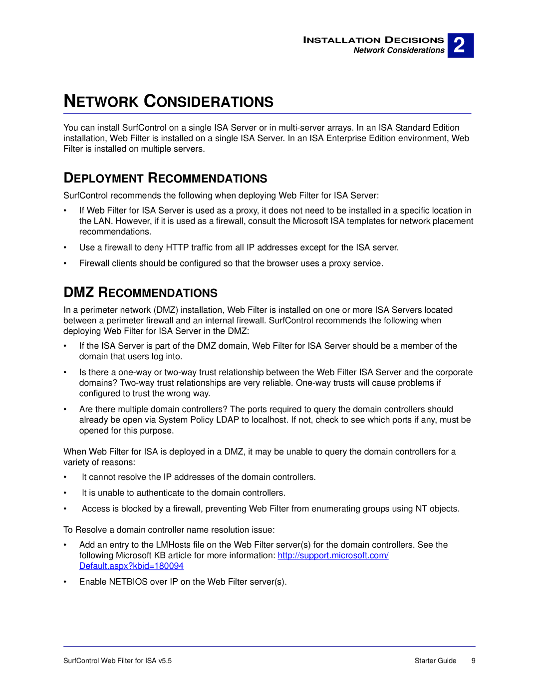 Surf Control v5.5 manual Network Considerations, Deployment Recommendations, DMZ Recommendations 