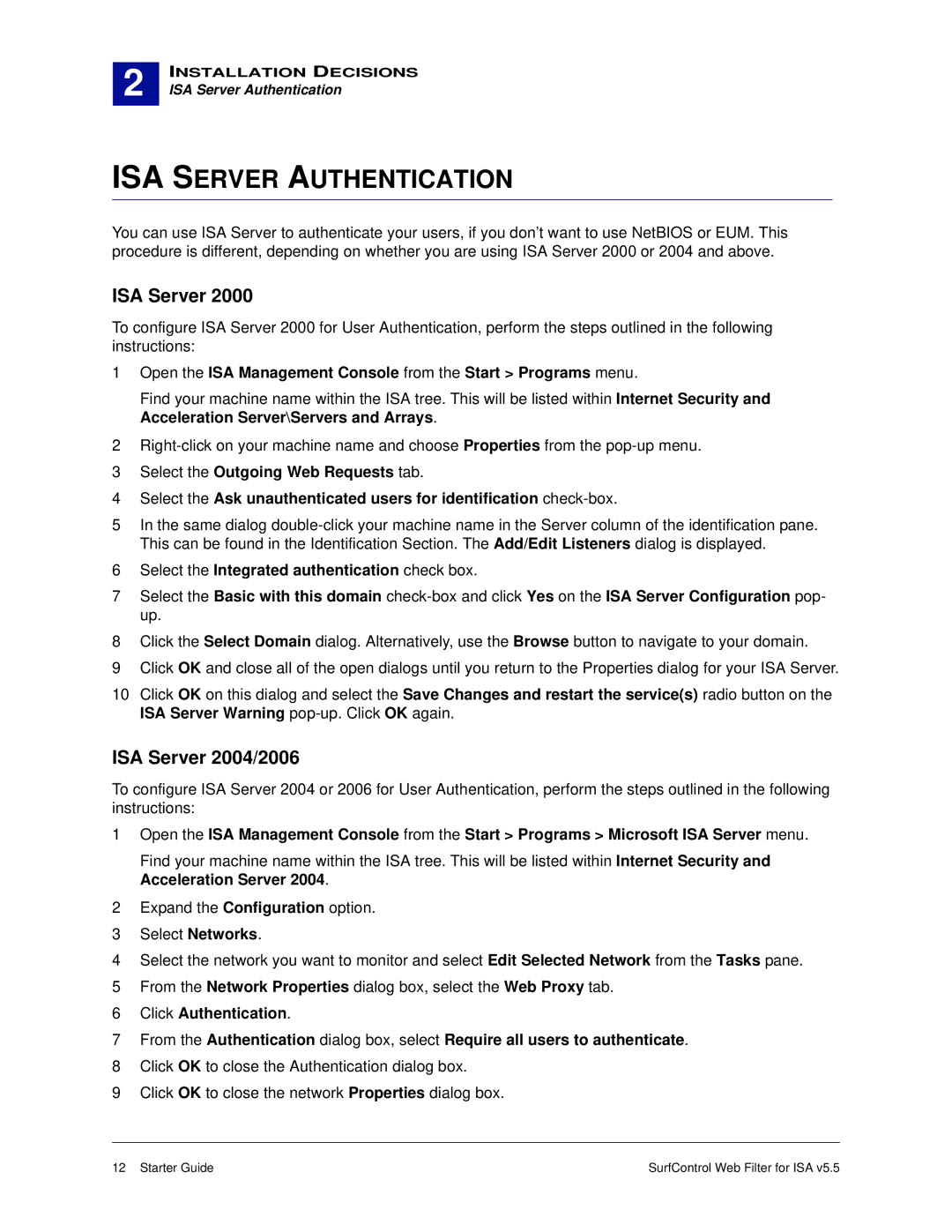 Surf Control v5.5 manual ISA Server Authentication, ISA Server 2004/2006 