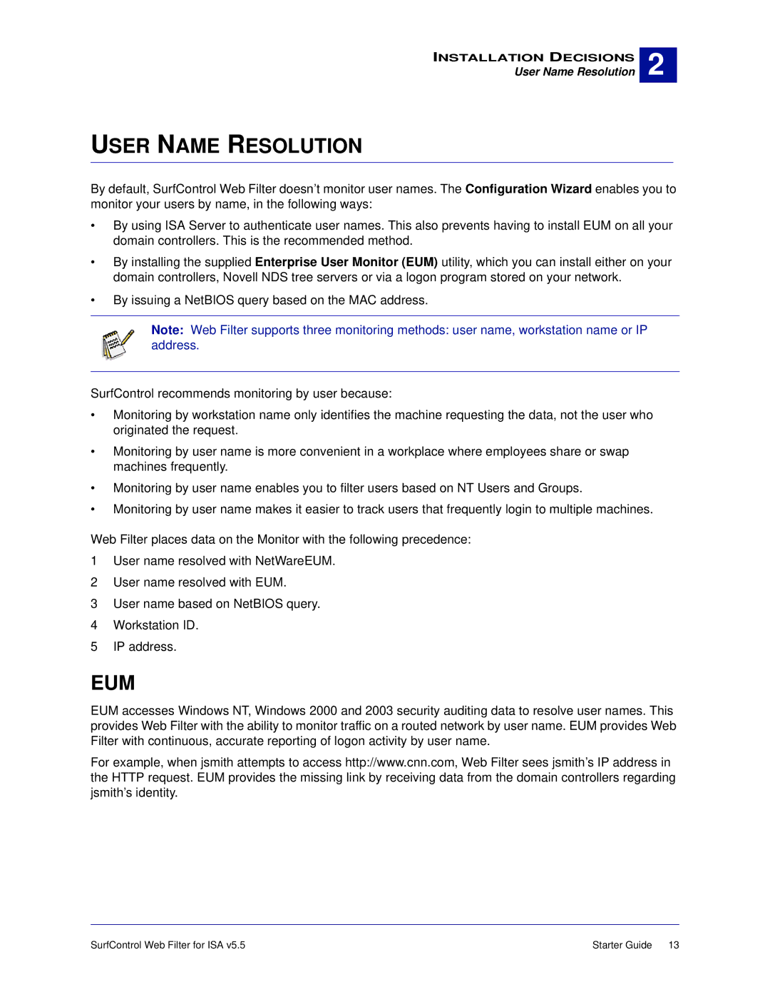 Surf Control v5.5 manual User Name Resolution, Eum 