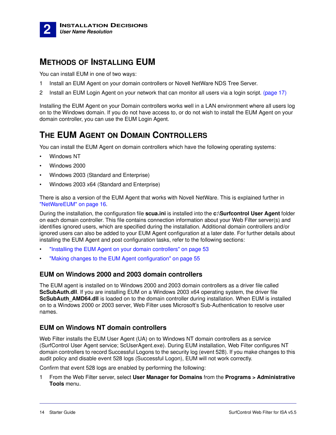 Surf Control v5.5 manual Methods of Installing EUM, EUM Agent on Domain Controllers, EUM on Windows NT domain controllers 