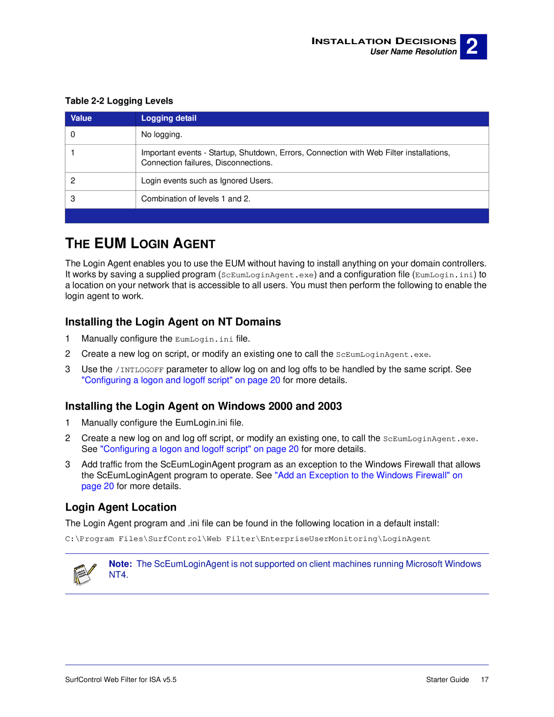 Surf Control v5.5 EUM Login Agent, Installing the Login Agent on NT Domains, Installing the Login Agent on Windows 2000 