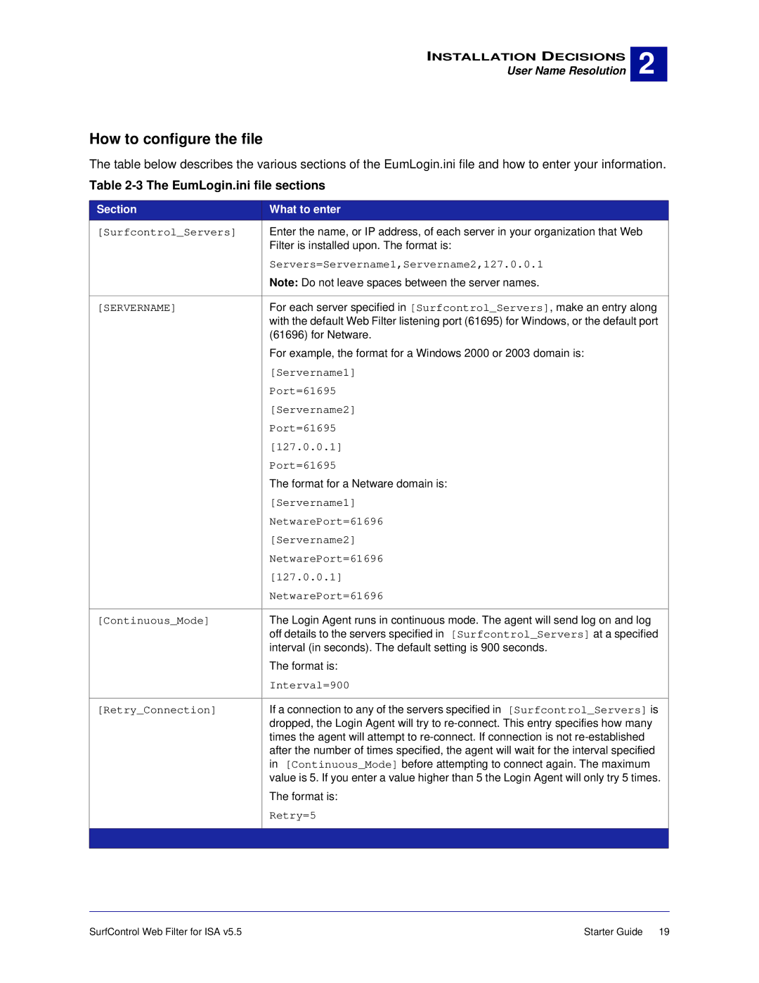 Surf Control v5.5 manual How to configure the file, EumLogin.ini file sections 