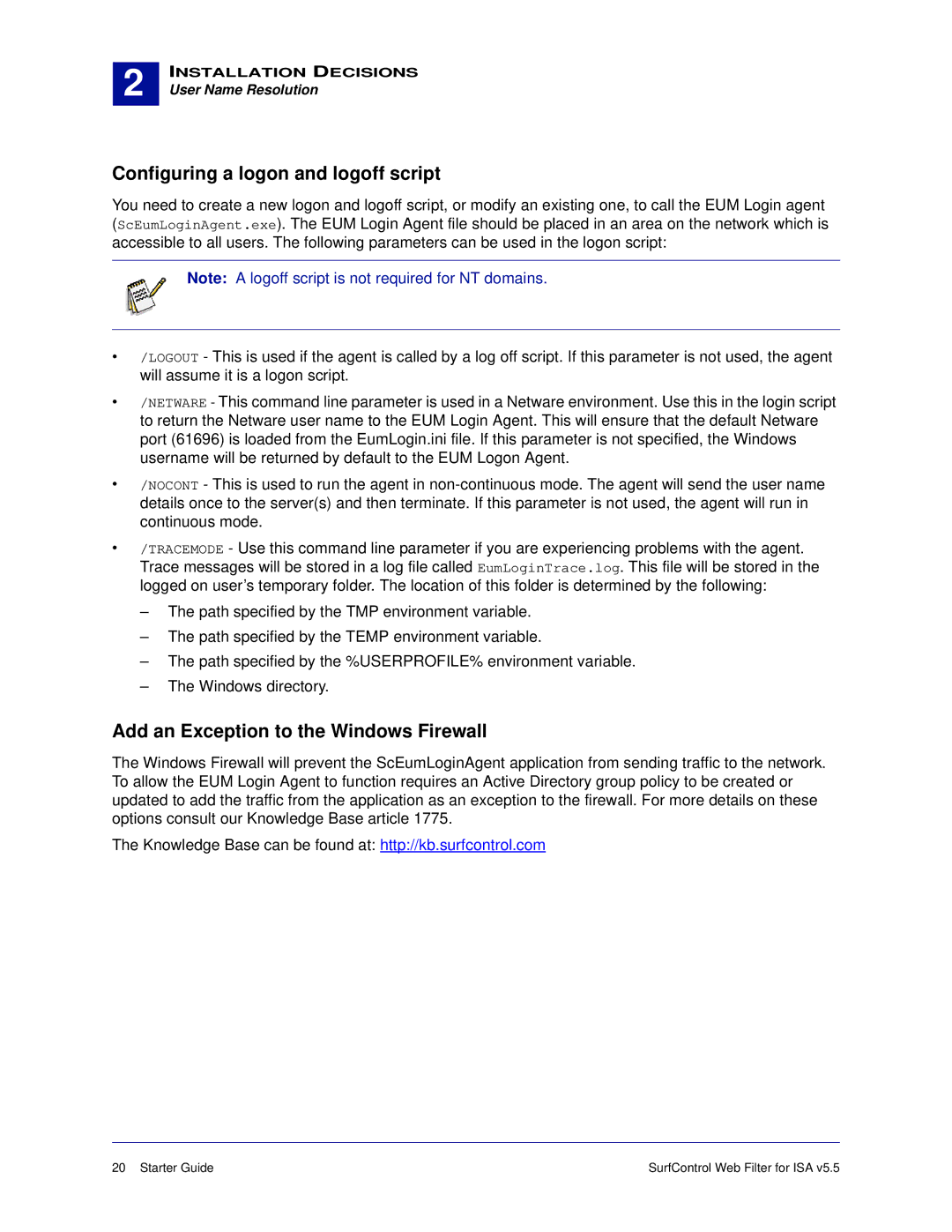 Surf Control v5.5 manual Configuring a logon and logoff script, Add an Exception to the Windows Firewall 