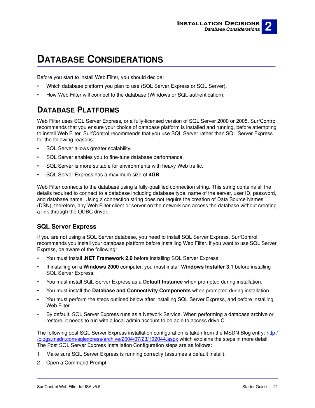 Surf Control v5.5 manual Database Considerations, Database Platforms, SQL Server Express 